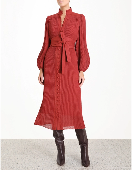ZIMMERMANN red/burnt orange long sleeve maxi dress with matching slip and belt