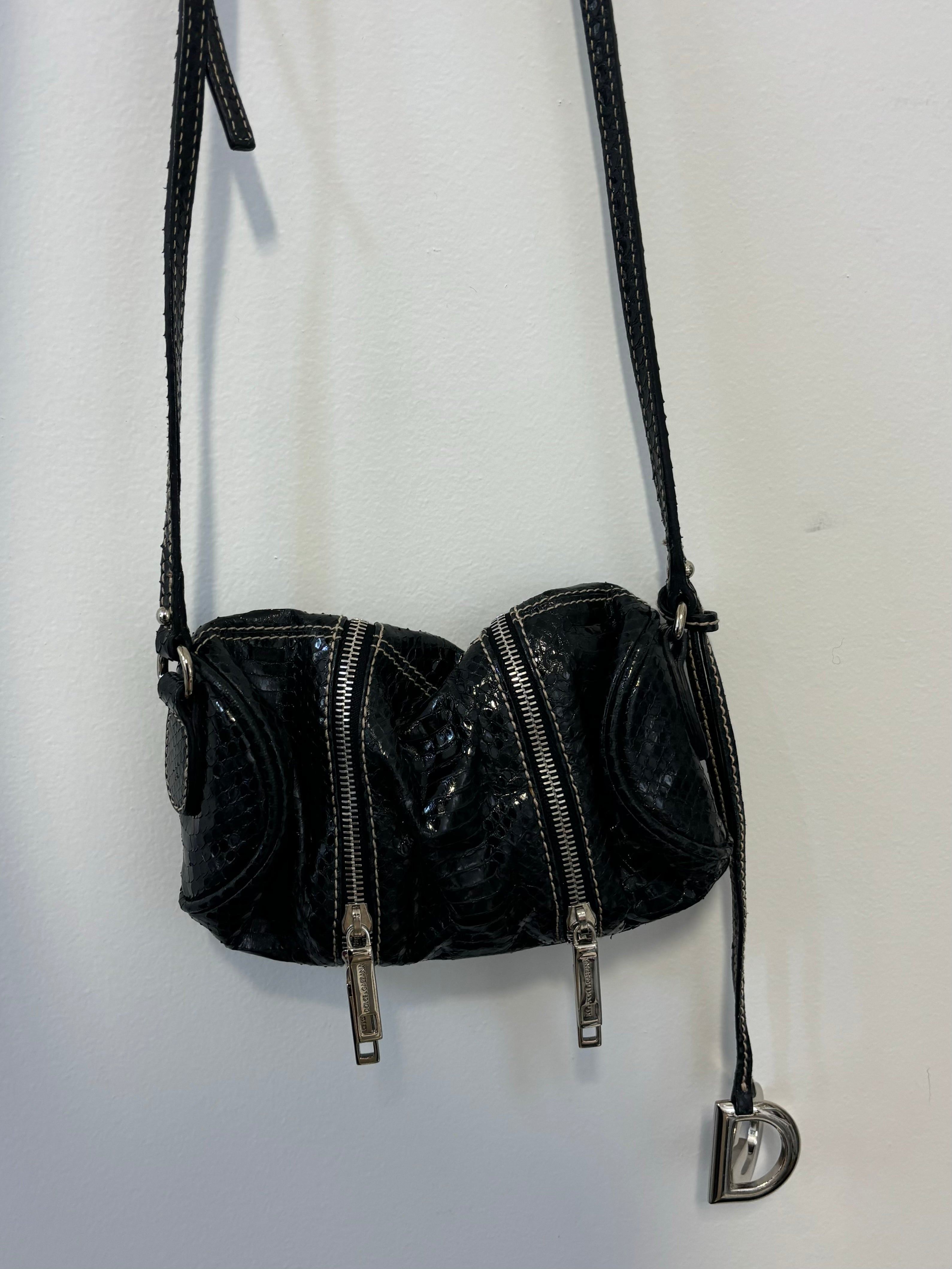 DOLCE  & GABBANA small black snakeskin purse with silver zippers, w dust bag