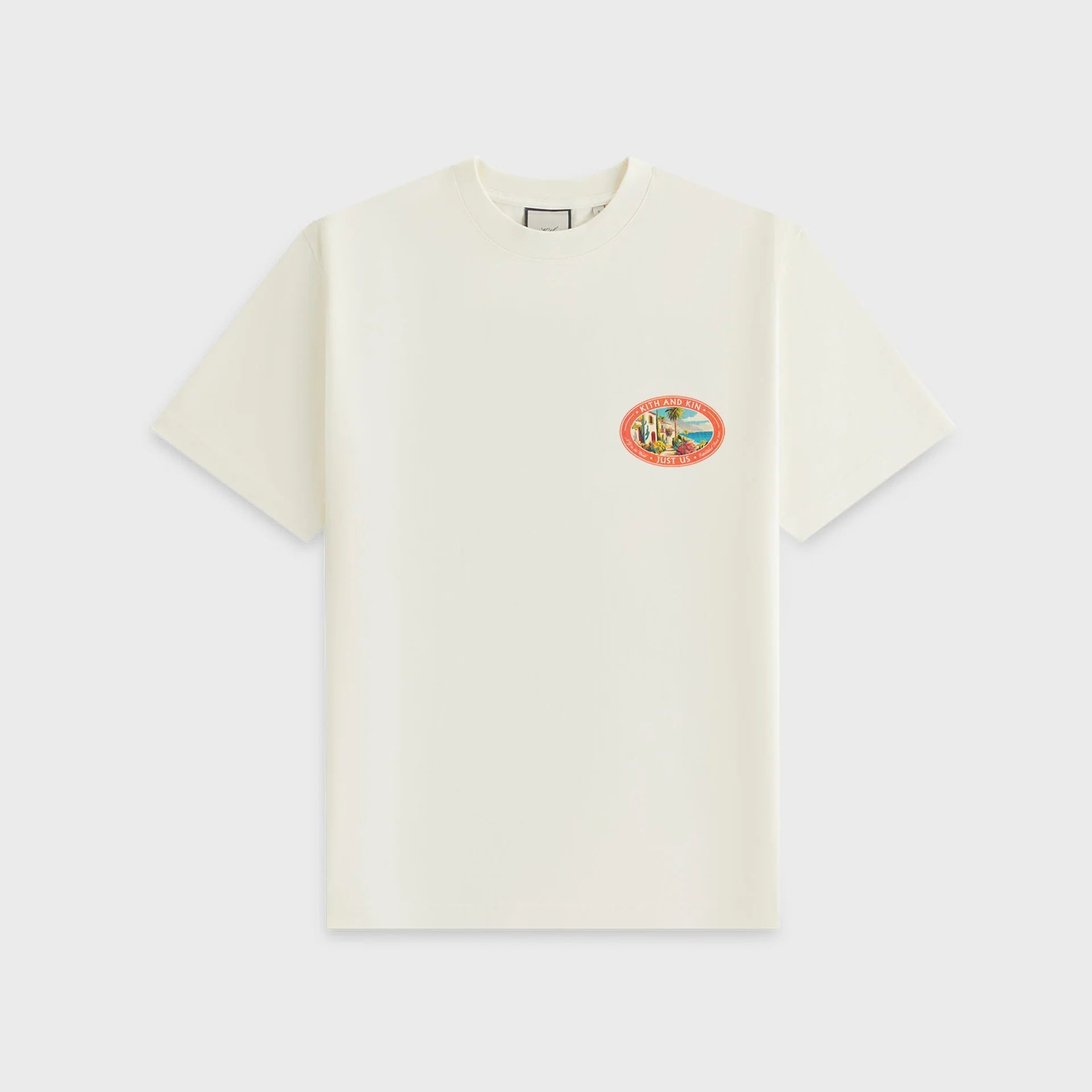 KITH Vintage Resort Tee, cream t-shirt with logo on front and large print on back NWT