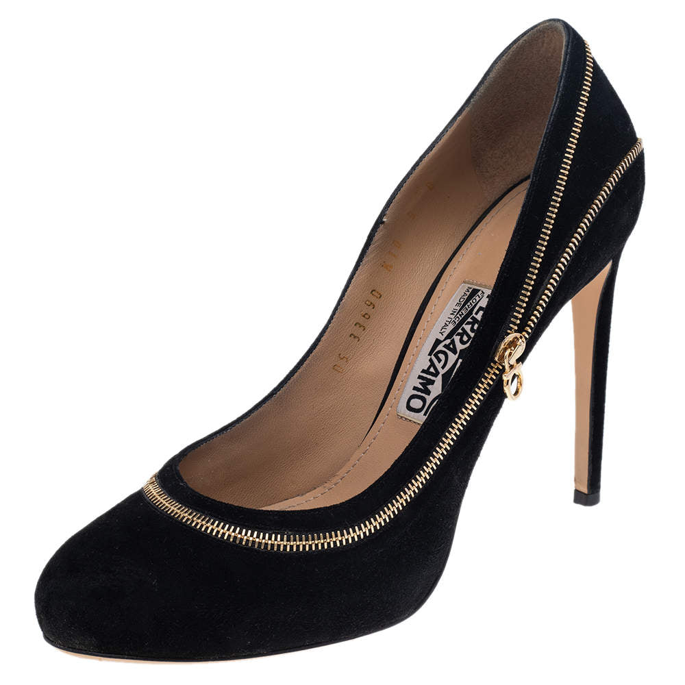 SALVATORE FERRAGAMO black suede heels with gold zipper heels