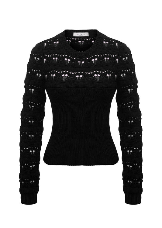 VALENTINO- Black crochet knit sweater