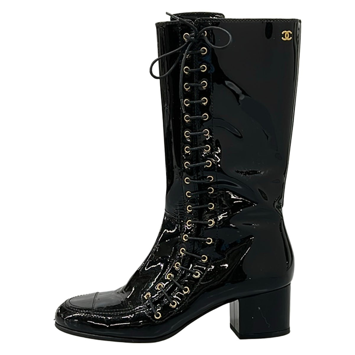 PRELOVED CHANEL patent leather black boots with lace up on sides, WITH BOX
