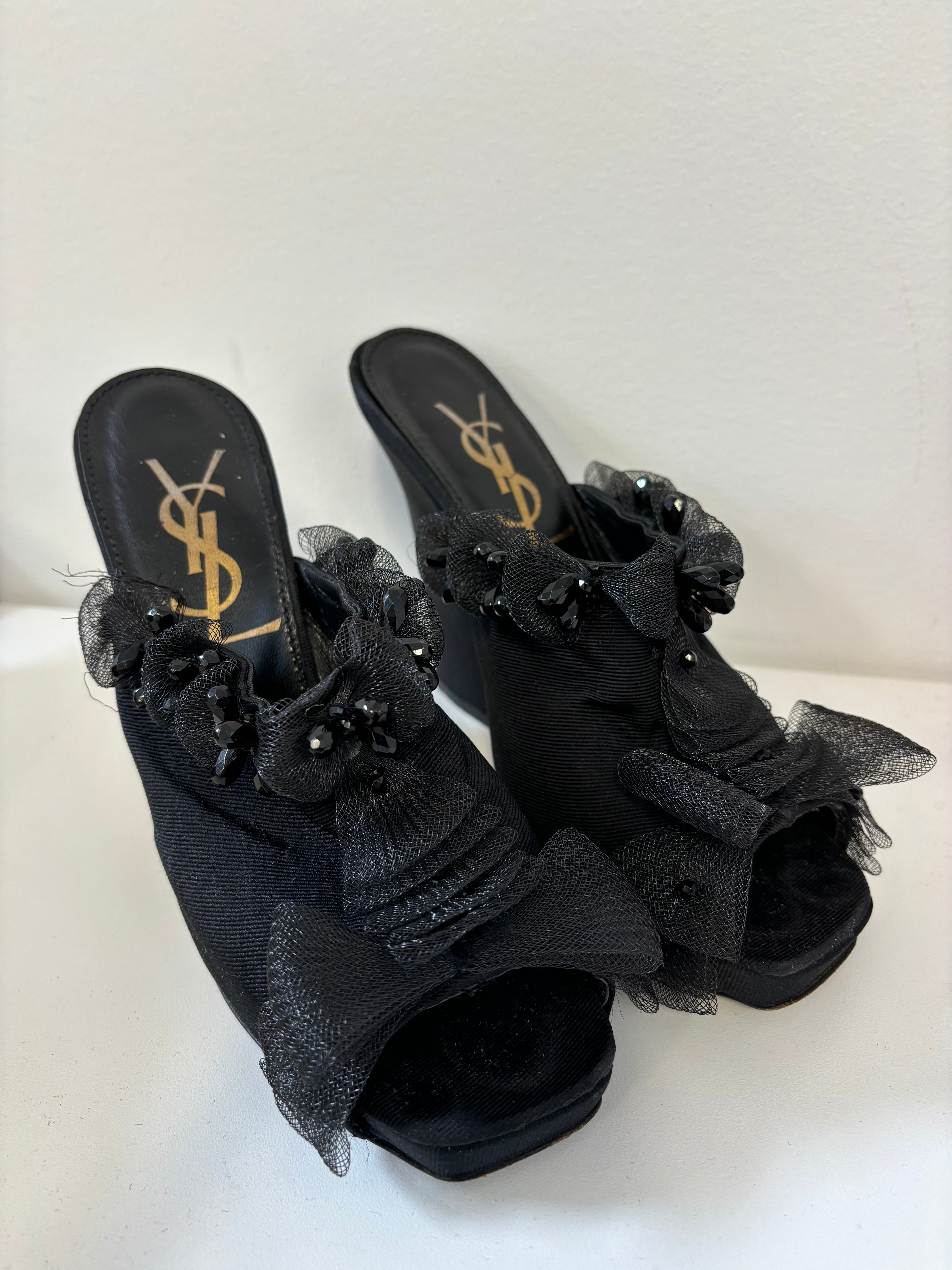 YSL black wedge evening shoes with bow and beading details