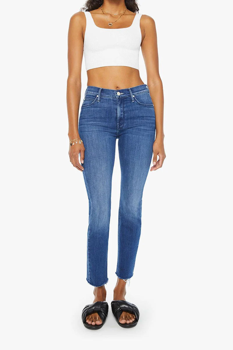 MOTHER dark blue the mid rise dazzler ankle fray