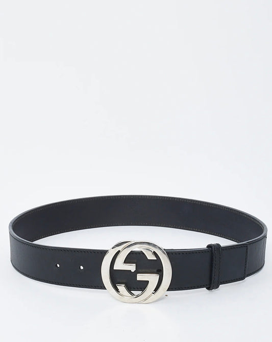 GUCCI BLACK LEATHER BELT WITH SILVER INTERLOCKING GG BUCKLE - 80/32