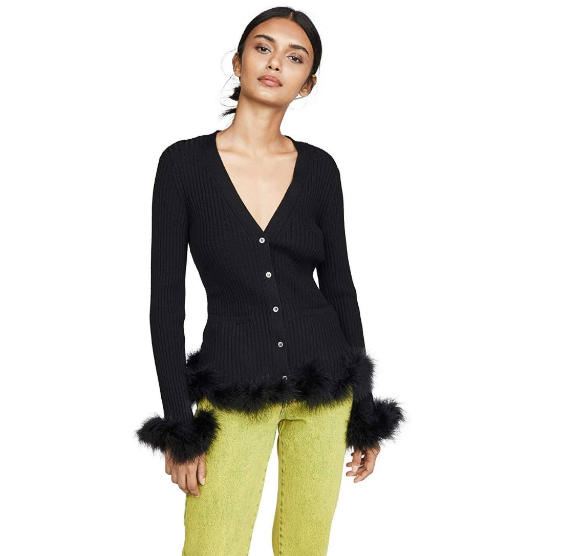 OPENING CEREMONY -
Ribbed Cardigan With Feather Trim