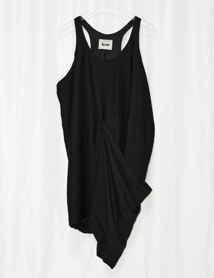 ACNE black satin sleeveless barrel dress