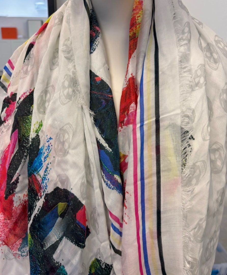 Alexander McQueen White Skull Scarf with Multicolour Writing