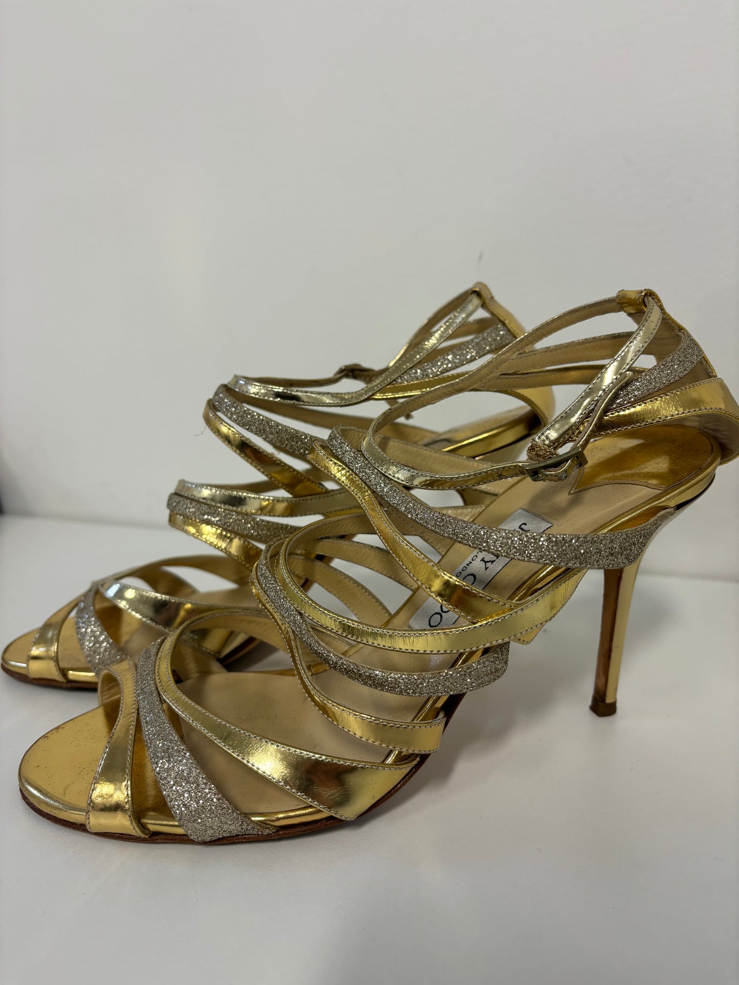 JIMMY CHOO gold glitter accent sandals