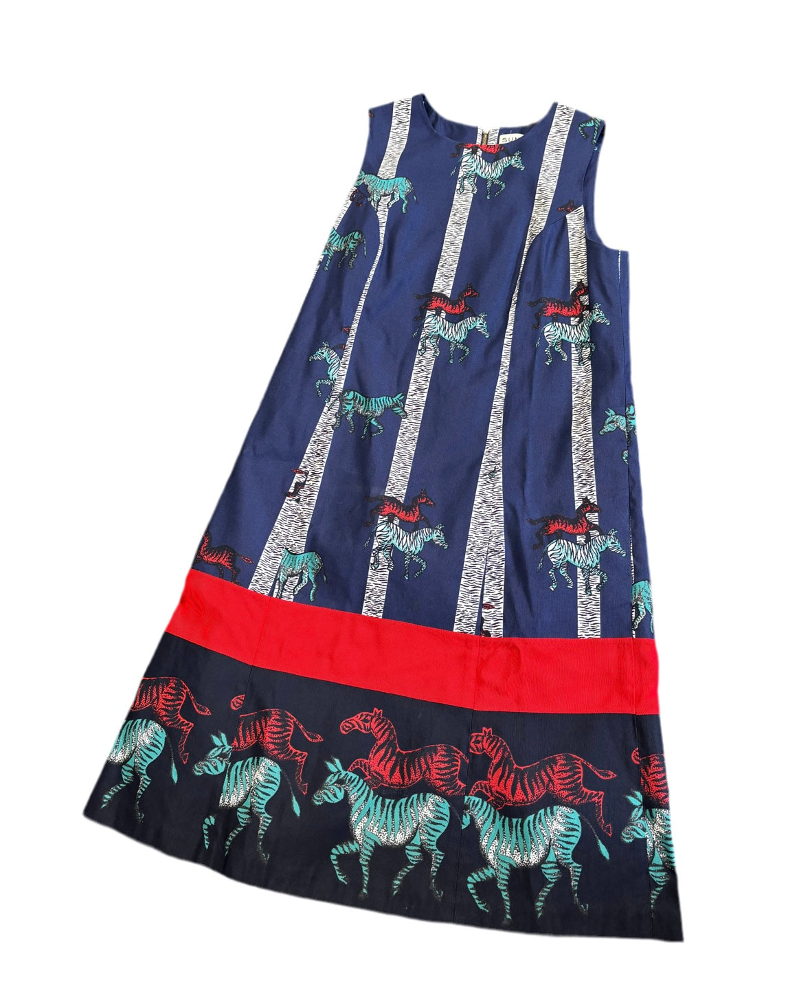 SUNO navy blue rayon ottoman fabric with galloping zebra dress