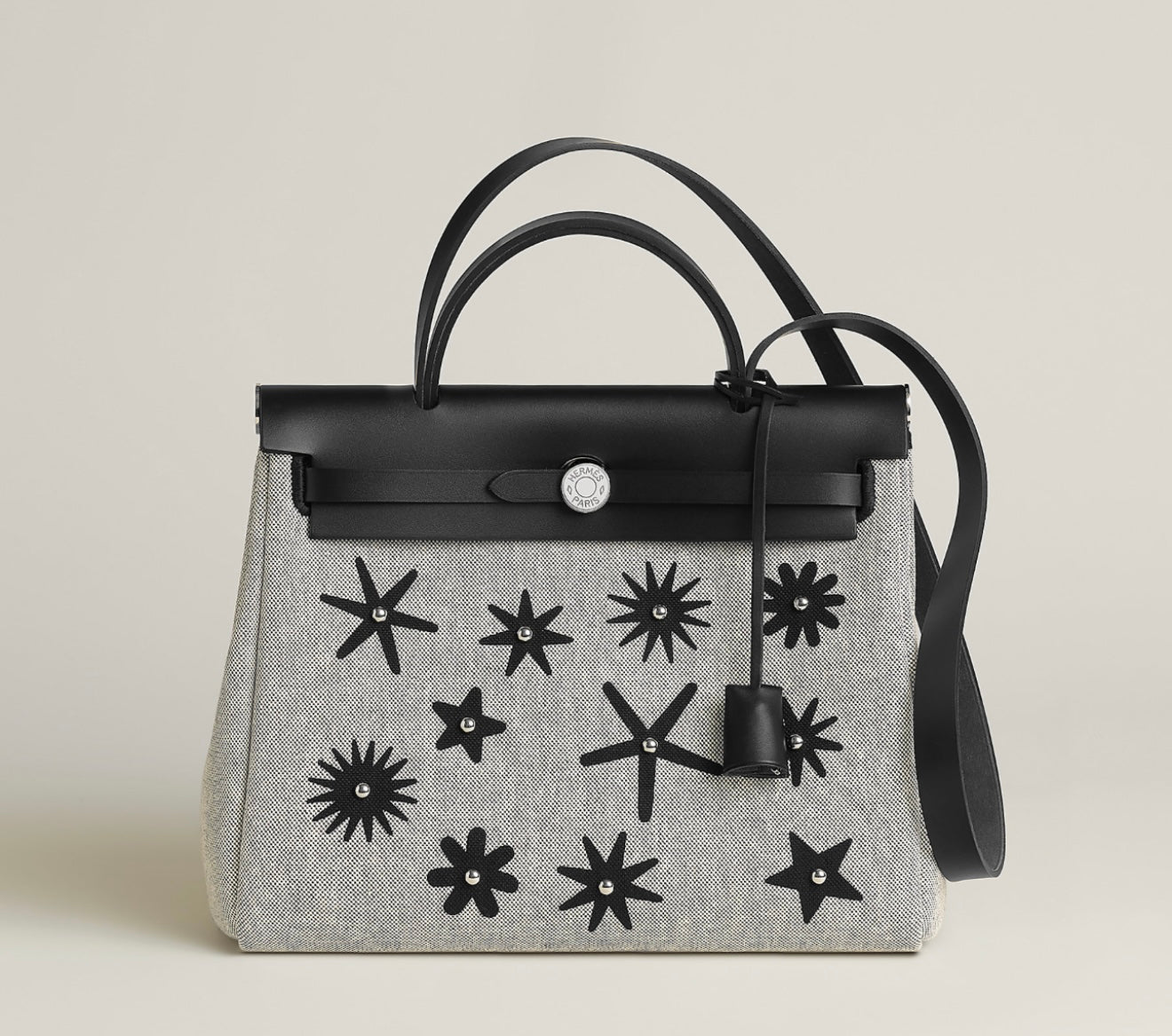 Hermès Herbag Zip 31 PM Hobnailed Black and Ecru Printed H Plume Canvas and Vache Hunter Palladium Hardware