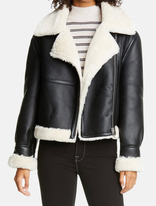 FRAME - Women’s Black Shearling Fur Collar Leather Jacket
