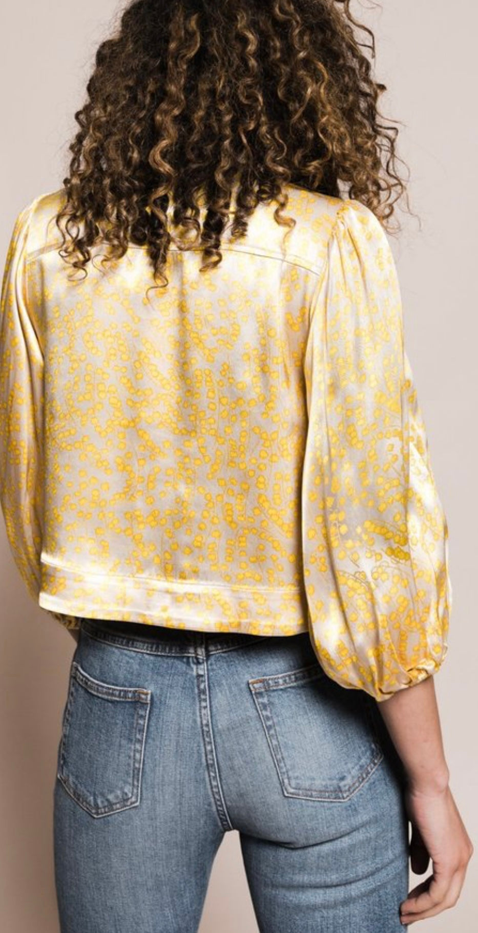 GANNI yellow and cream floral snap button blouse