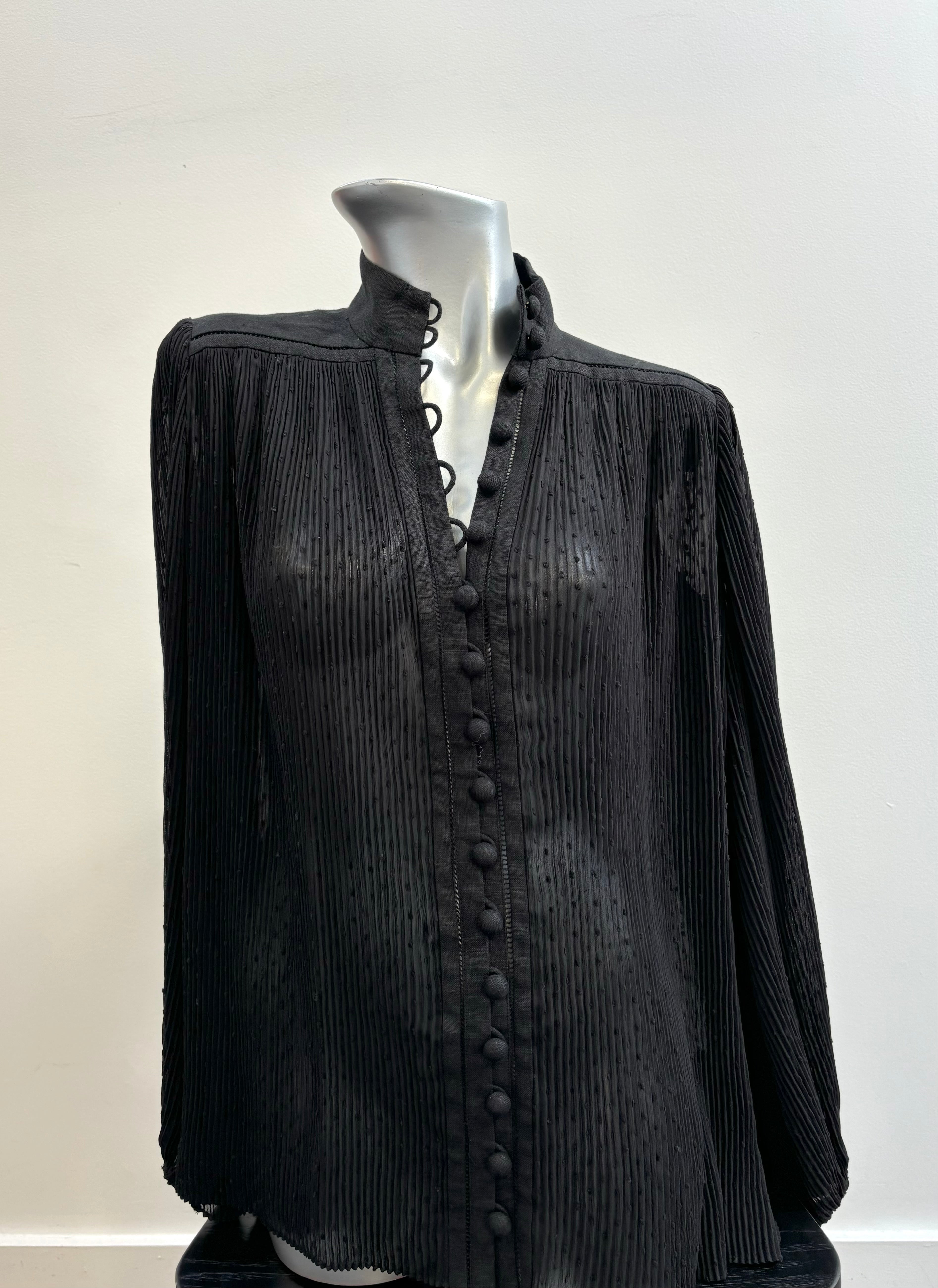 ZIMMERMANN black sheer long sleeve blouse, button up, polyester with linen
