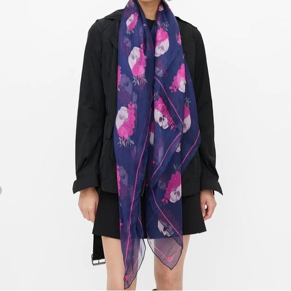 ALEXANDER MCQUEEN navy/purple skull silk scarf