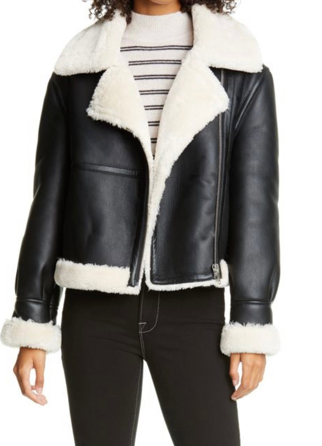 FRAME - Women’s Black Shearling Fur Collar Leather Jacket