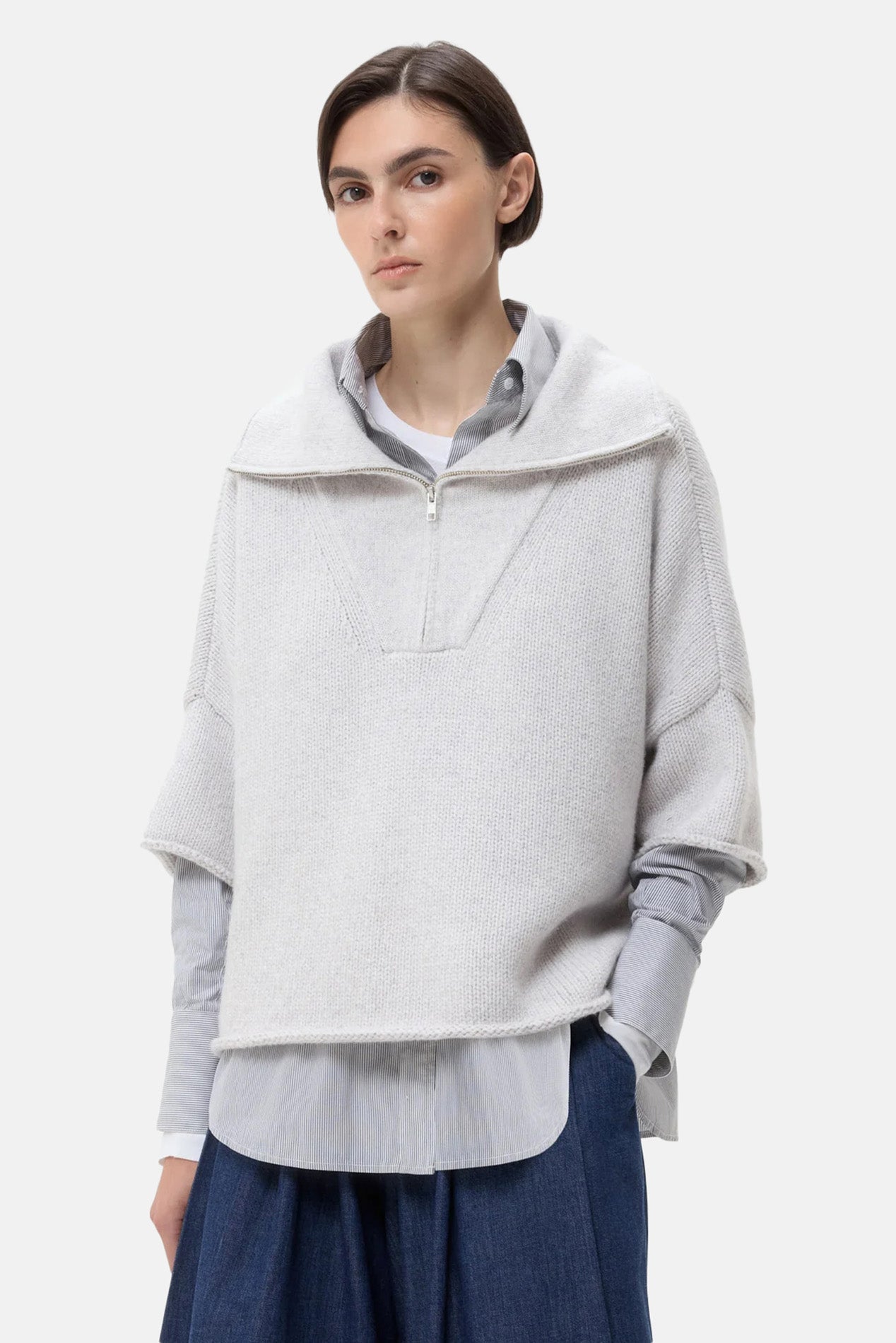 TWP 100% cashmere Heather Gray Cropped Half Zip Sweater with Short Sleeves