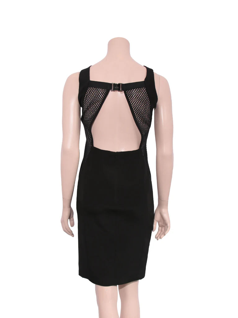 GUCCI black sleeveless dress with mesh cutouts and buckle back