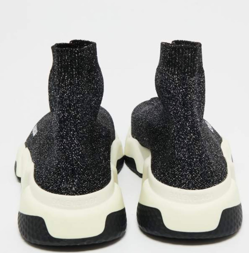 Balenciaga Black/Silver Glitter Knit Fabric Speed Trainer High-Top Sneakers
