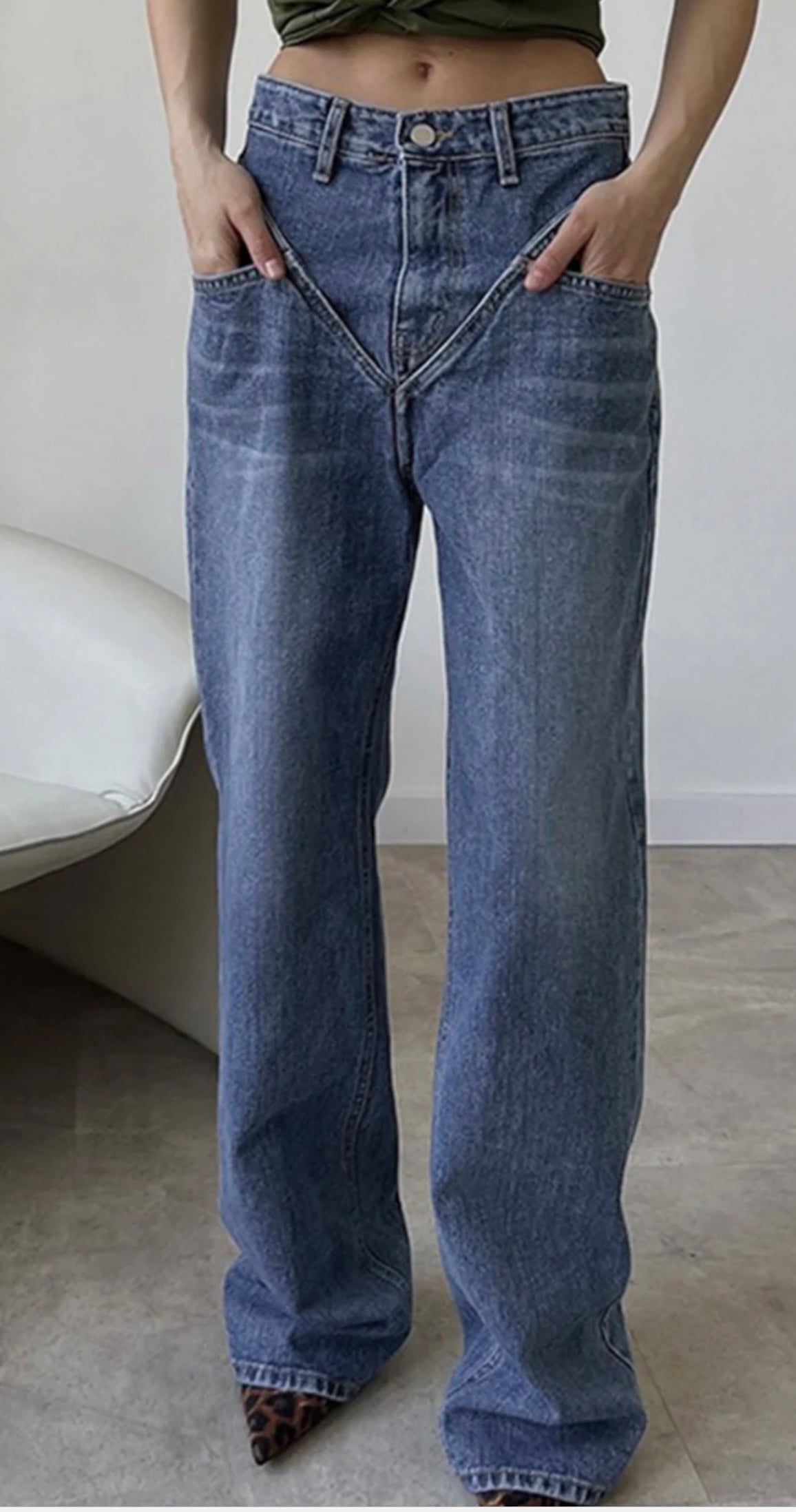 COMMENSE - VINTAGE WASH DENIM STRAIGHT LEG JEANS