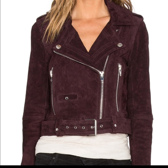 BLANKNYC burgundy velvet cropped moto style jacket