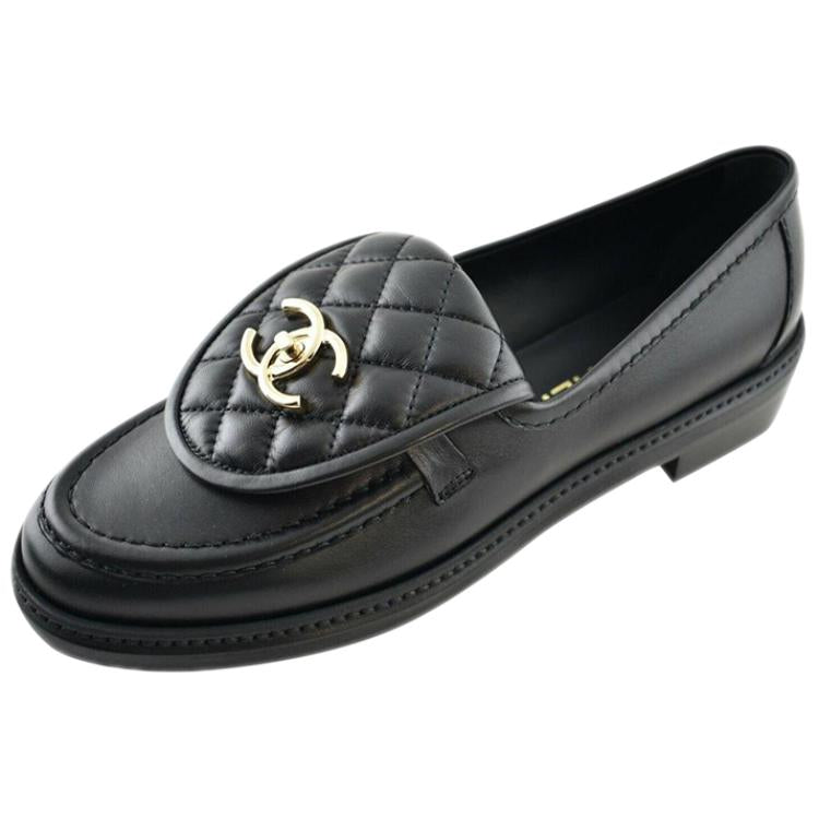 CHANEL black quilted lamb leather turn-lock CC logo loafers
