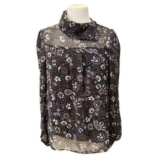 SEE BY CHLOE sheer blue floral pattern blouse, turtleneck with buttons on shoulder