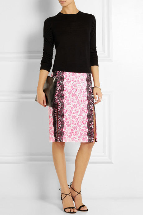 CHRISTOPHER KANE neon pink floral print with lace trim pencil skirt