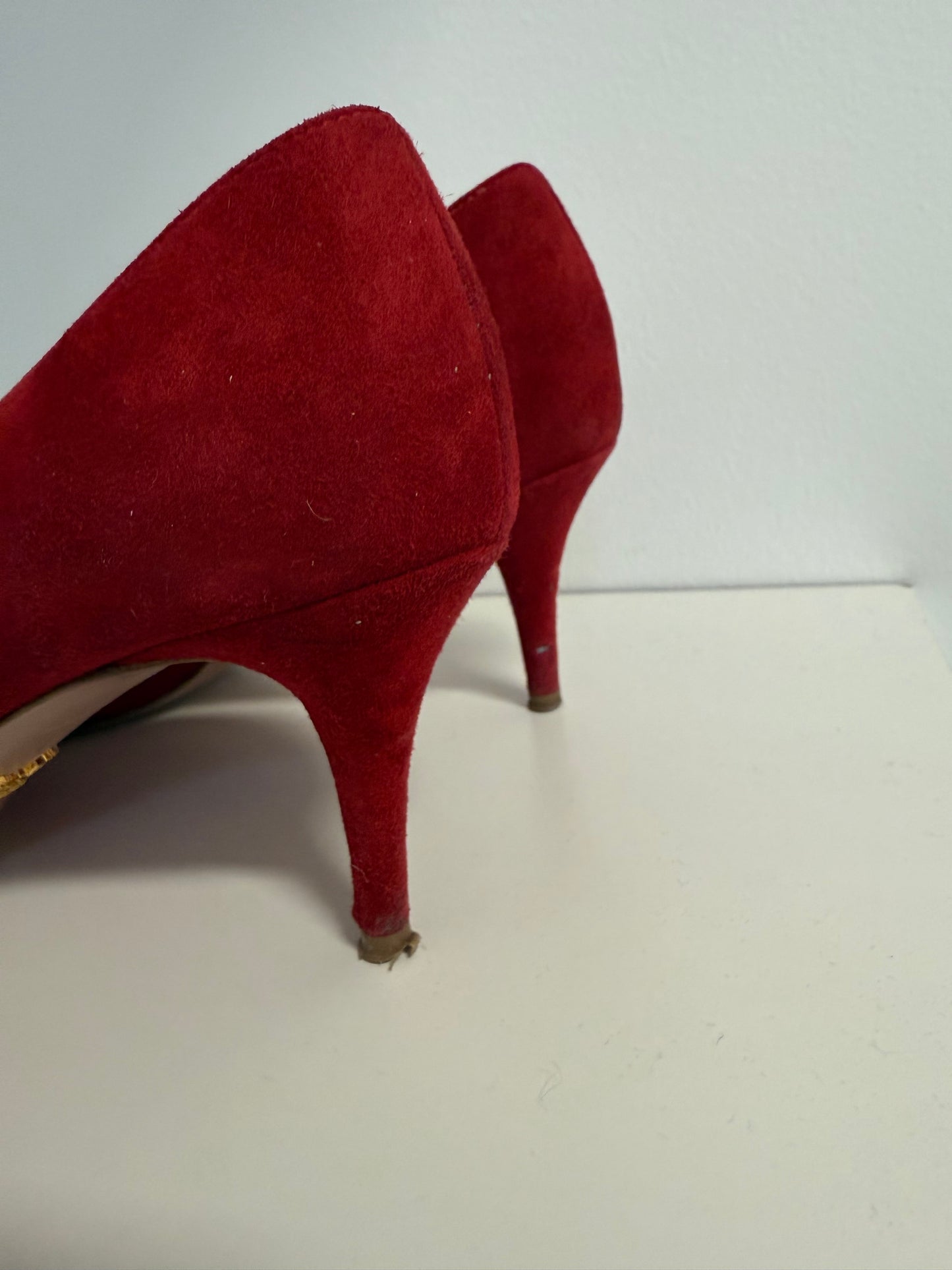 Prada - Red Suede Kitten Heeled Pumps