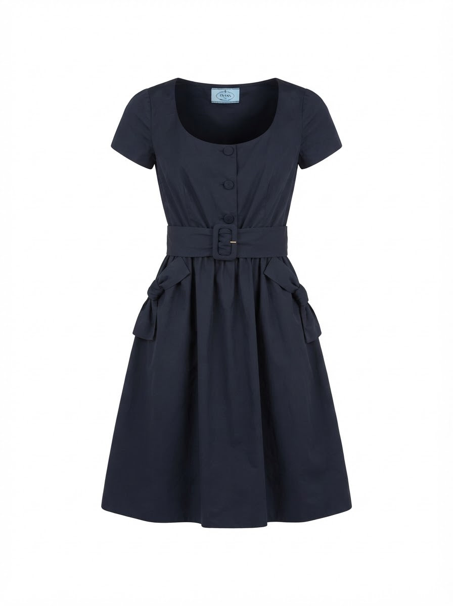PRADA  navy tshirt mini dress with buttons and bow pockets