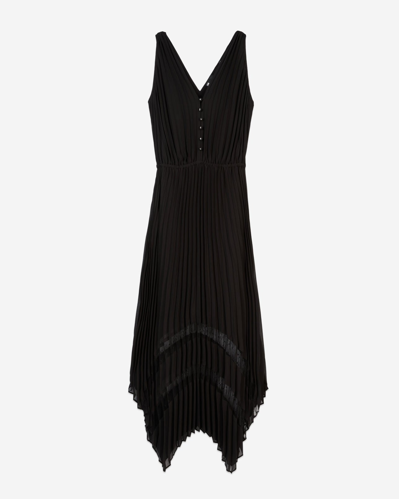 THE KOOPLES black sleeveless dress, bow ties on shoulder, pleated, button up, sheer bottom