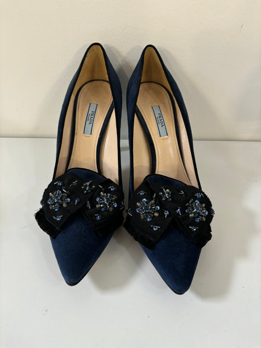 PRADA blue suede heels with black bow and beading