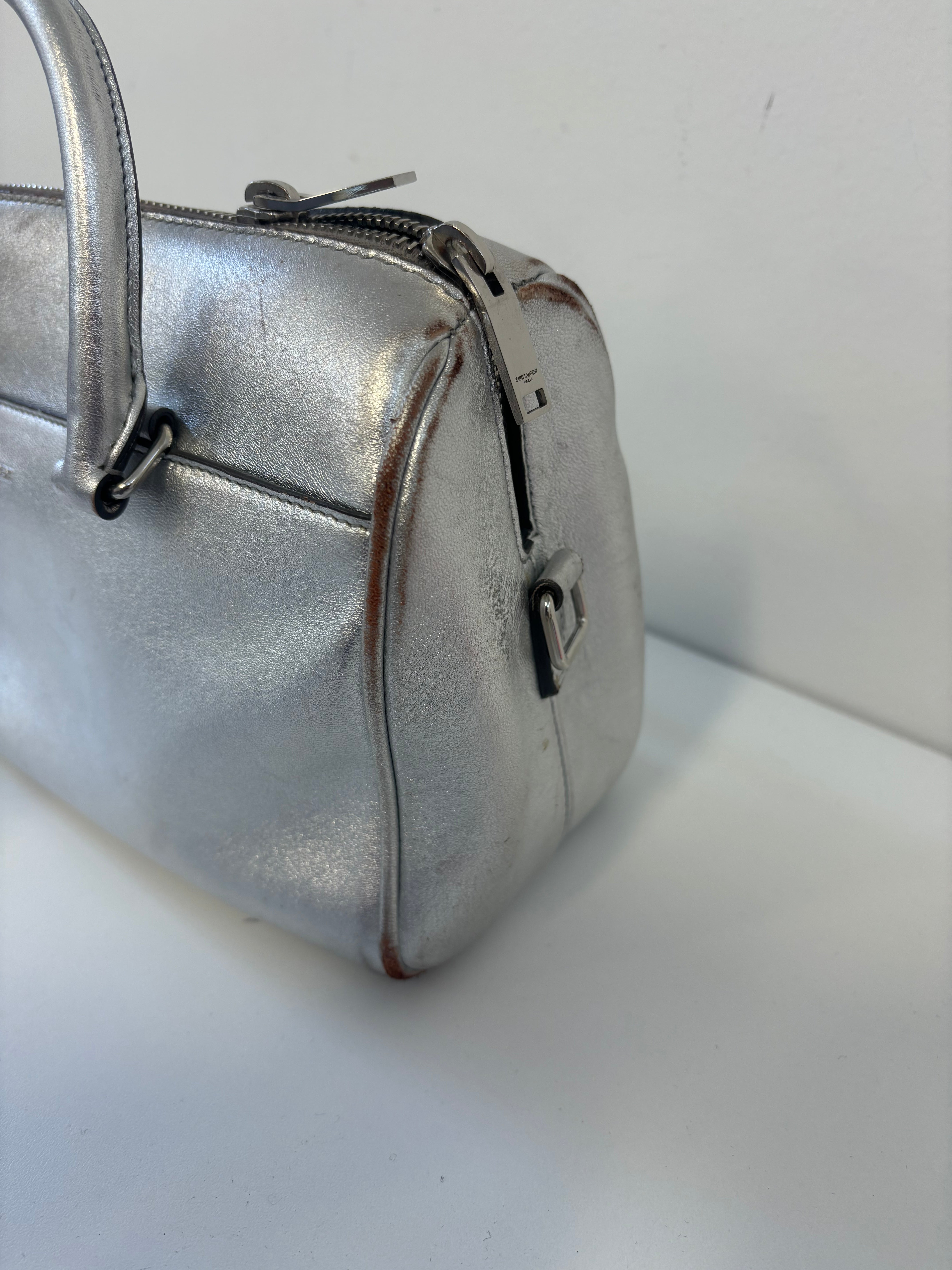 SAINT LAURENT baby duffle bag, silver purse with crossbody strap