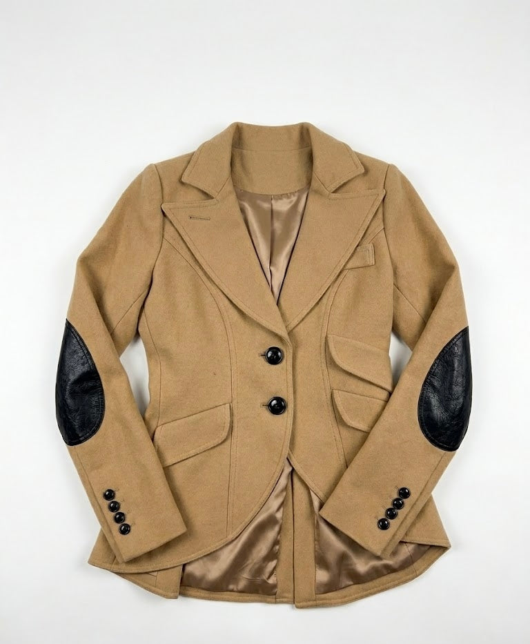 SMYTHE tan wool blend blazer with black leather elbow patches