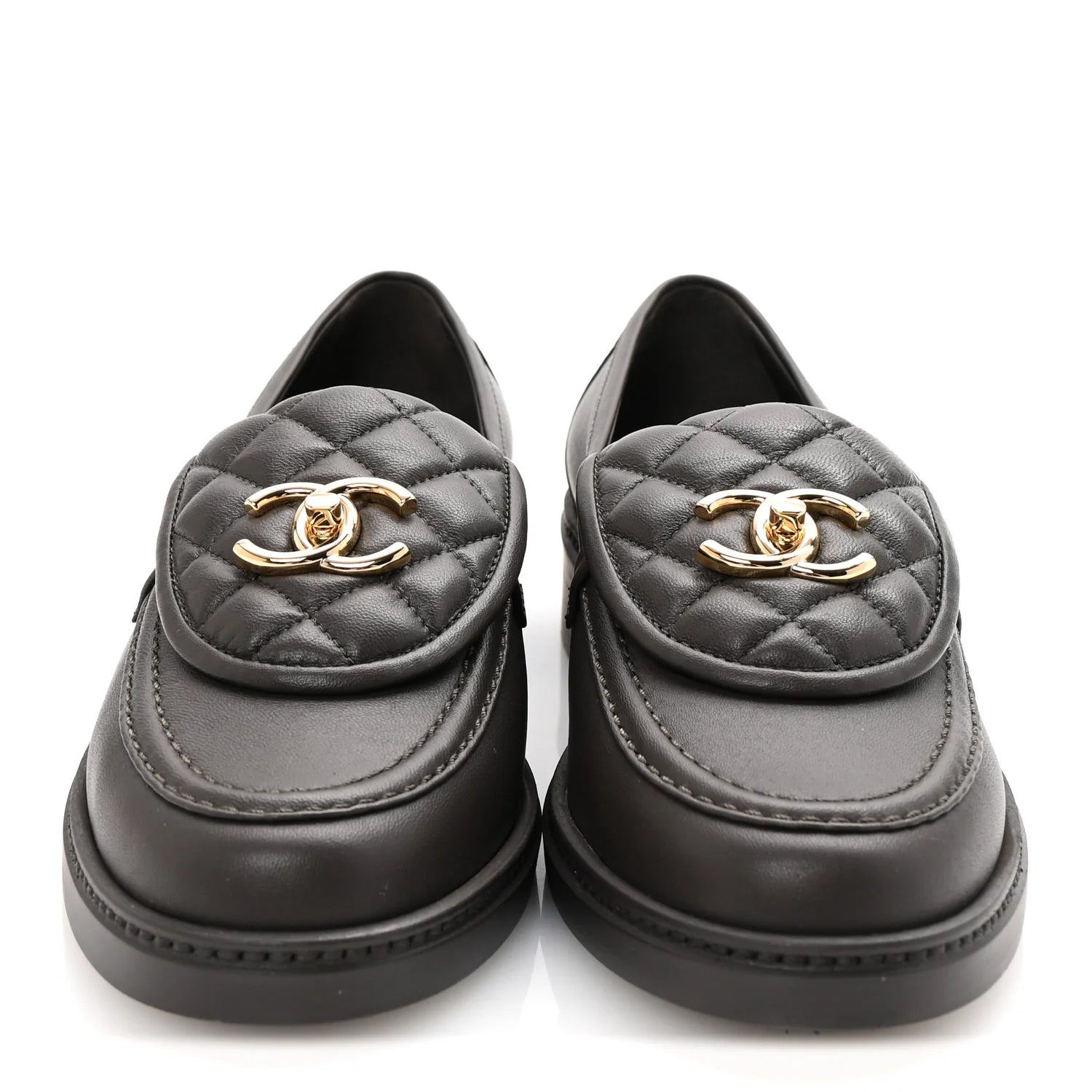 CHANEL black quilted lamb leather turn-lock CC logo loafers
