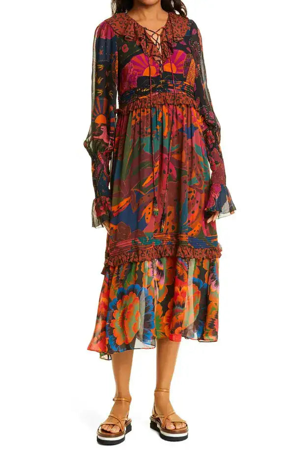 FARM RIO MIXED LEOPARDS JUNGLE LONG SLEEVE MIDI DRESS