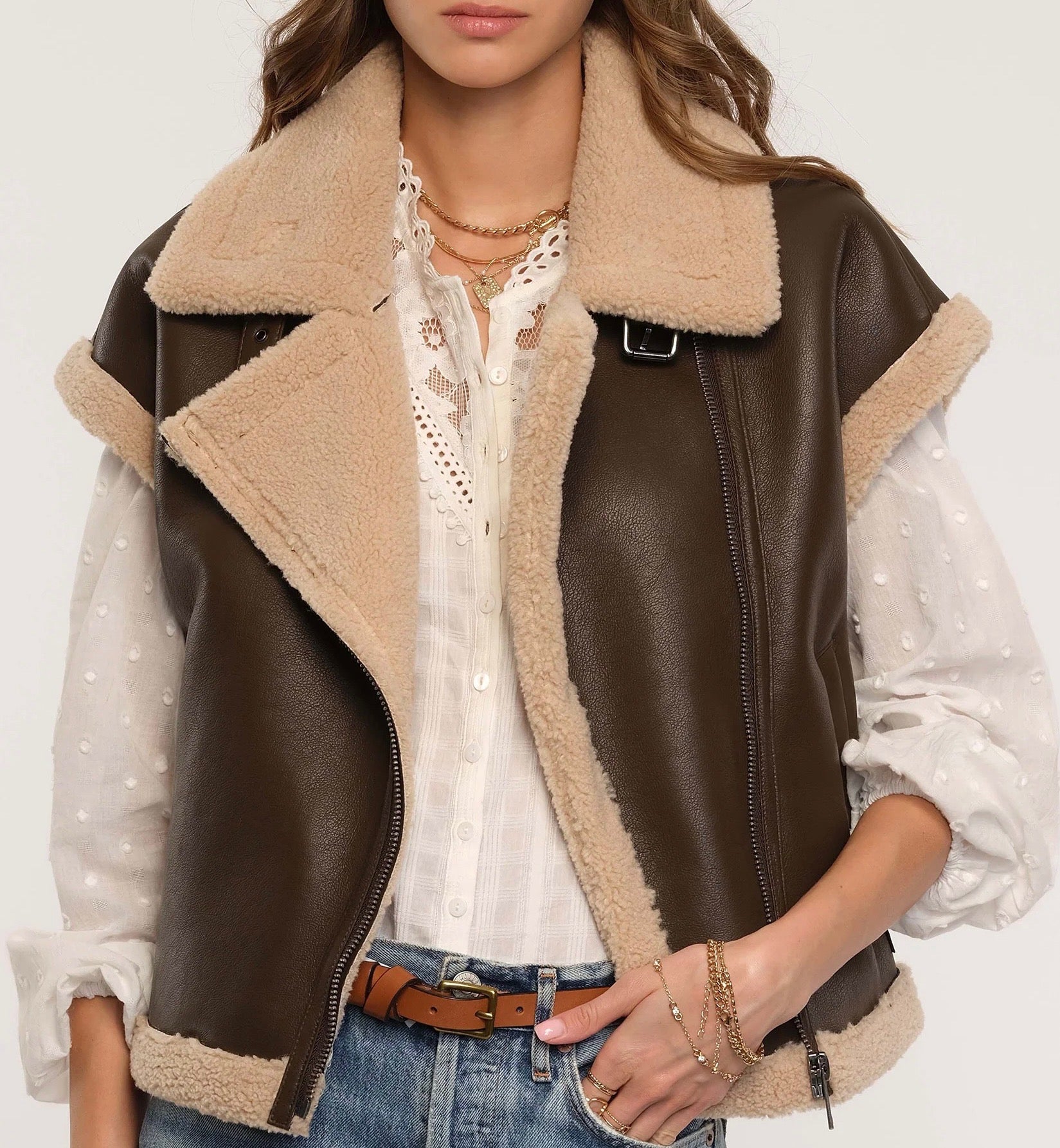 HEARTLOOM "Xander" faux leather vest, brown, beige sherpa lined