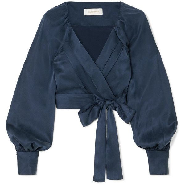 ZIMMERMANN blue silk long sleeve cropped top tie front