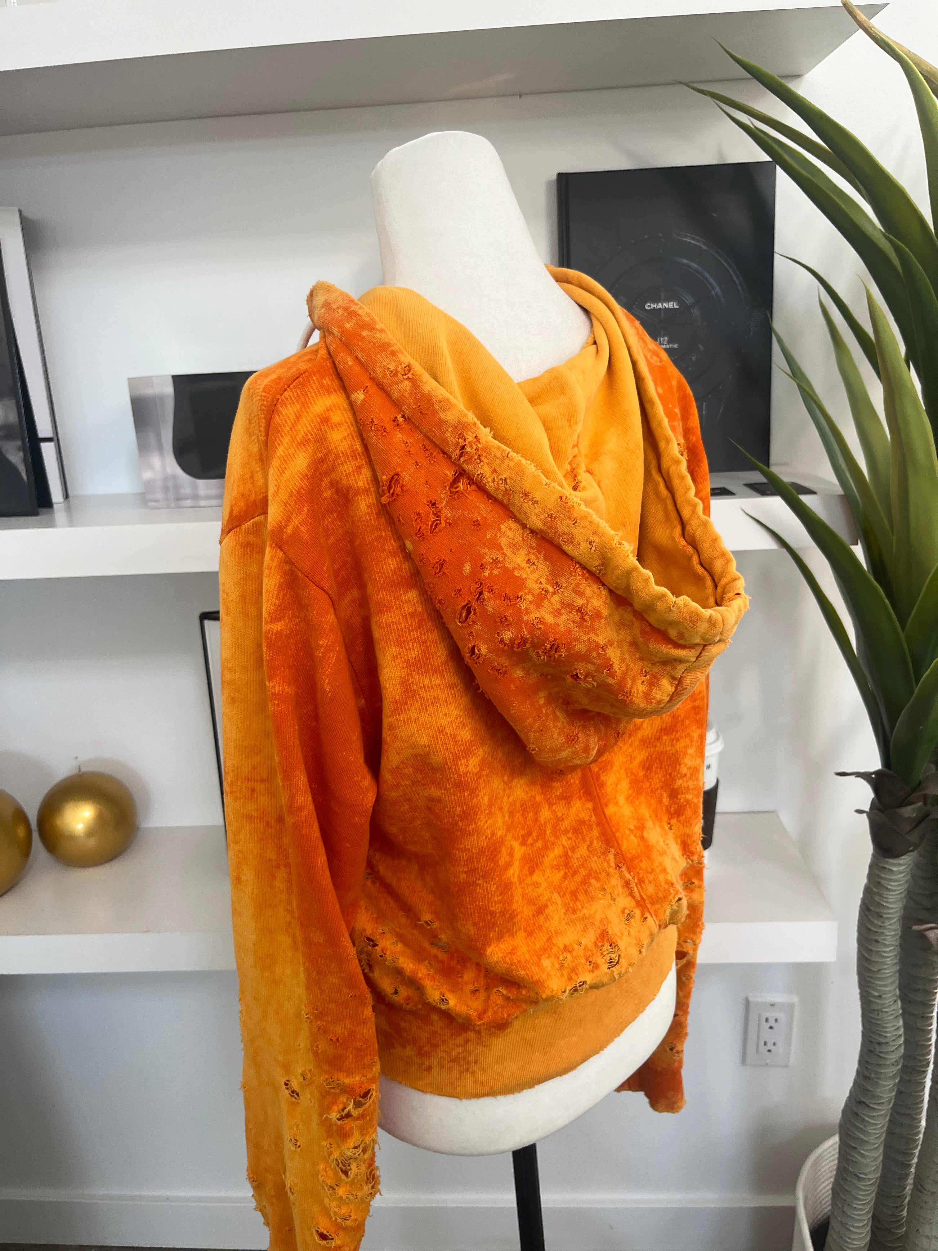 COTTON CITIZEN orange/yellow distressed zip sweatshirt