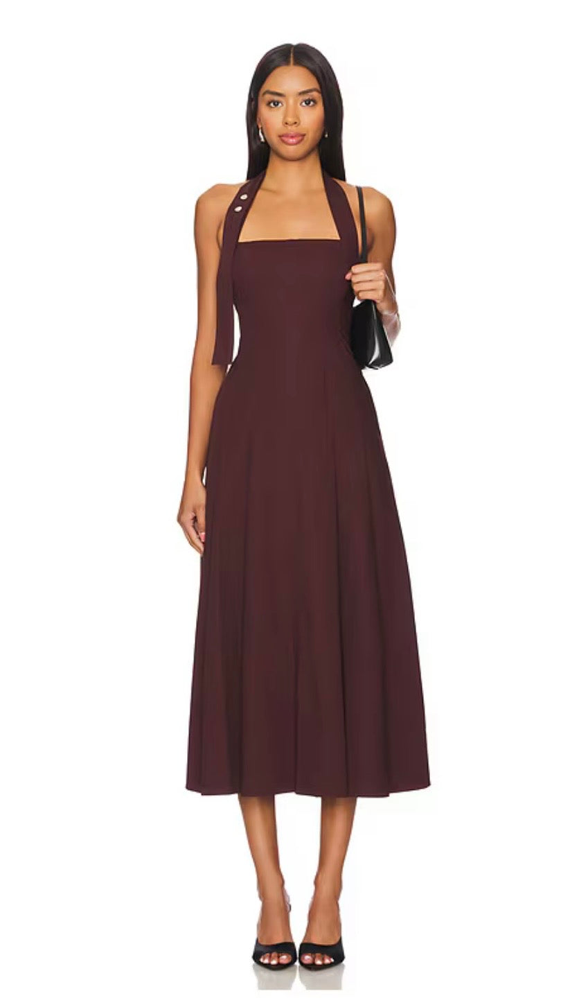 ALC Burgundy Halter Pleated Midi Dress