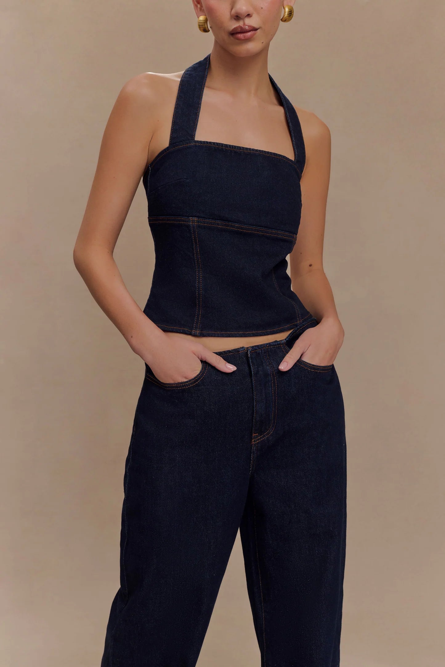 MESHKI Dayna denim halter top