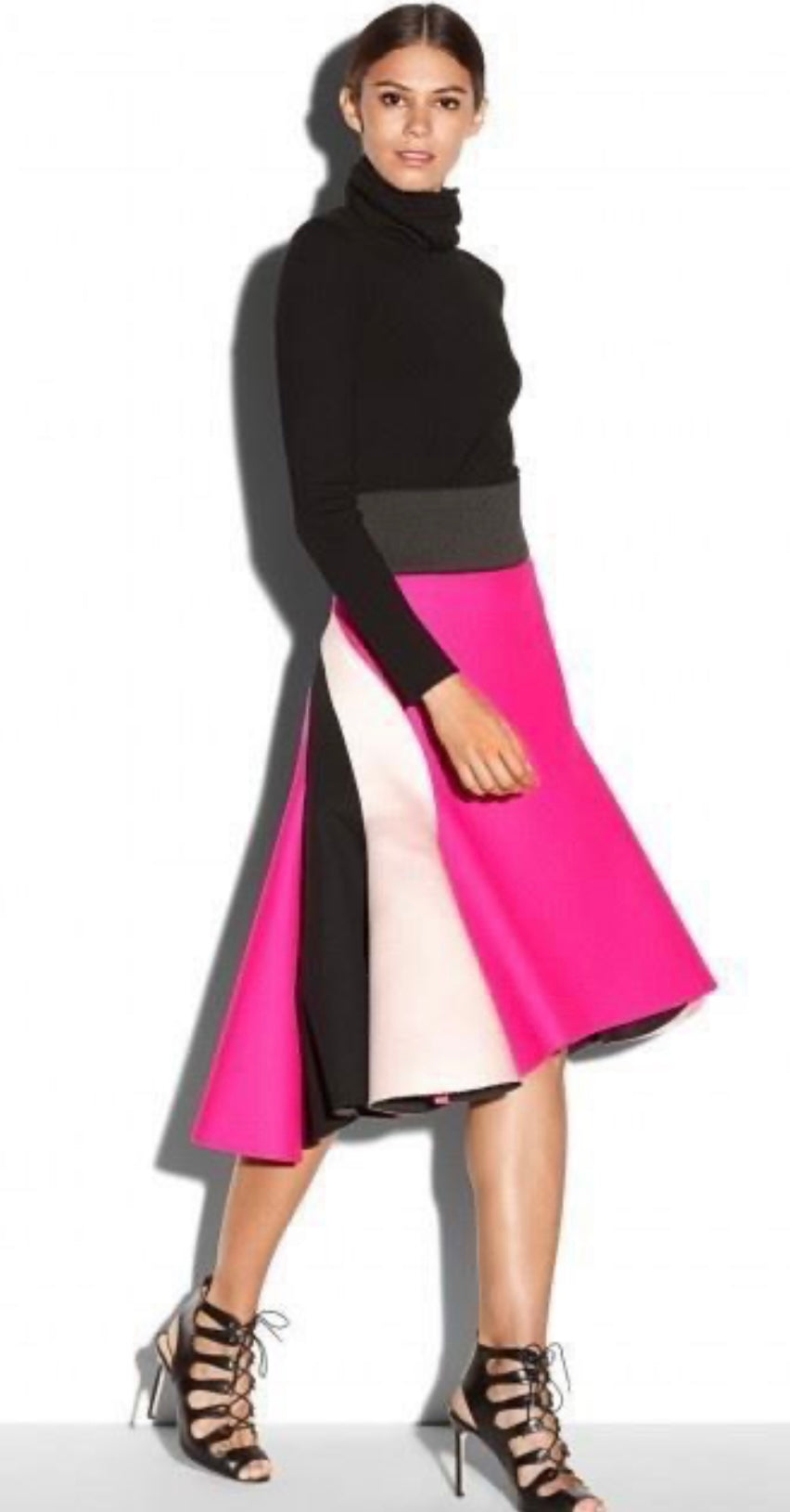 MILLY - Asymmetric melton wool-blend and satin Colorblock skirt