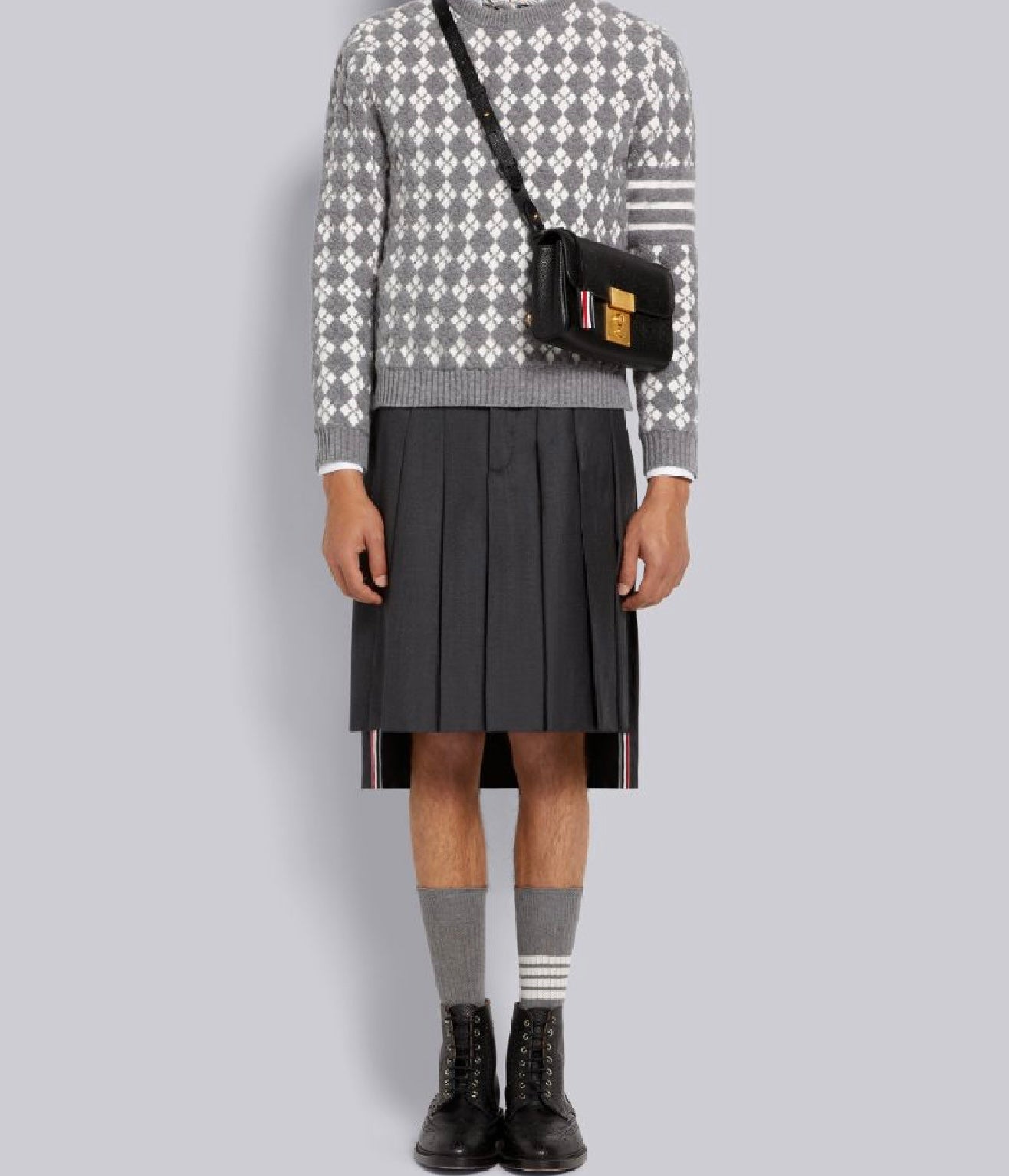 THOM BROWNE - LIGHT GREY TERRY STITCH ARGYLE JACQUARD 4-BAR CREW NECK PULLOVER