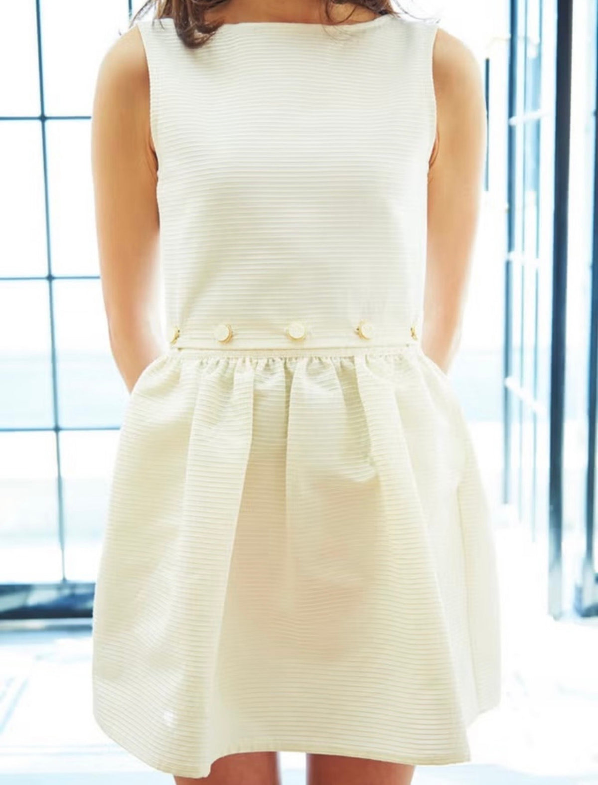MAISON KITSUNE  cream mini dress with tie back, gold and cream buttons