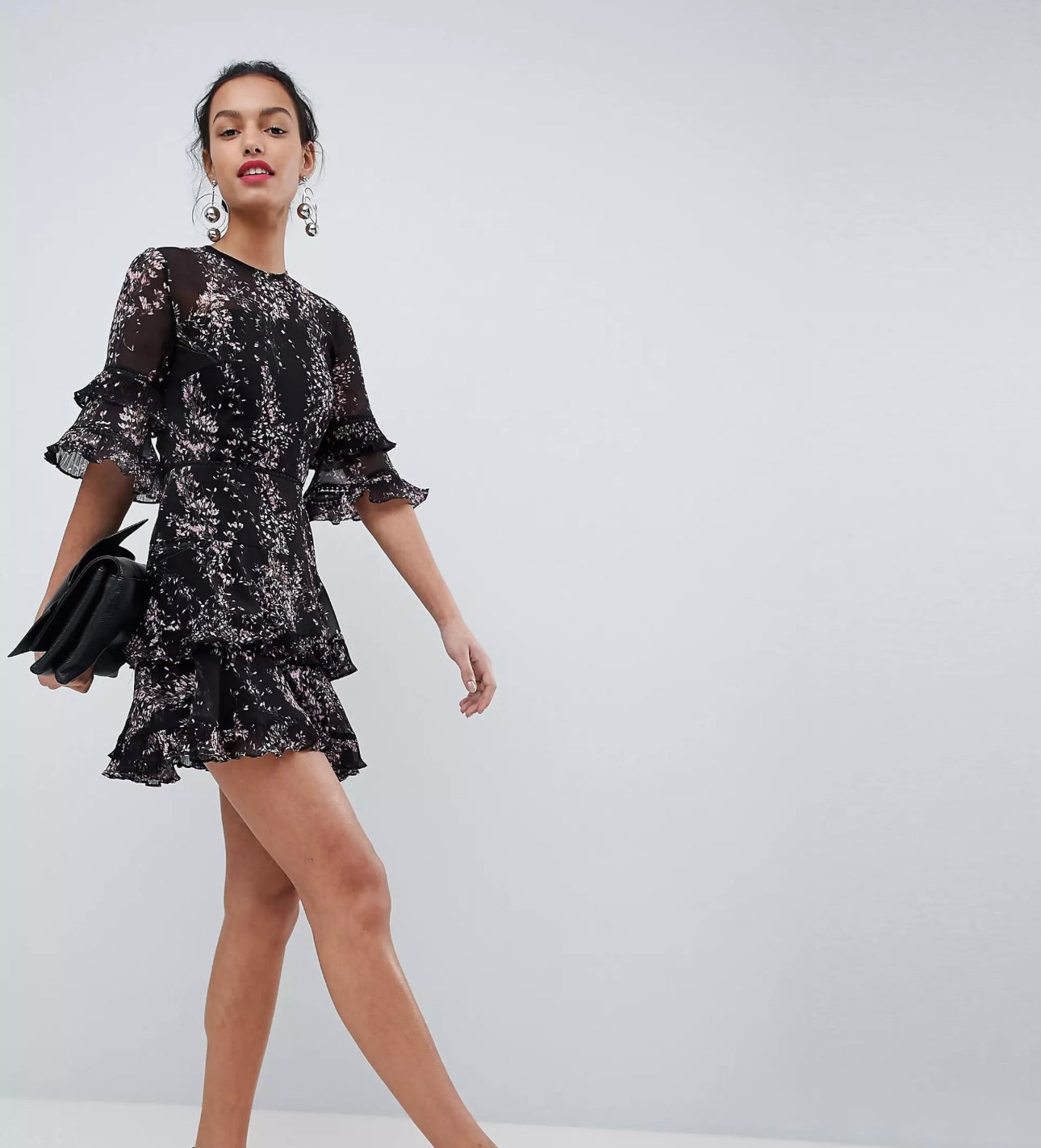 Keepsake - Floral Frill Mini Dress Long Sleeve Pleated Ruffle Size Small