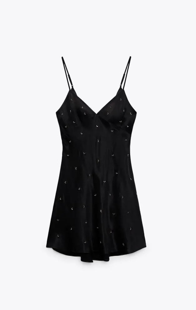 ZARA - Black Mini Slip Dress with Rhinestones