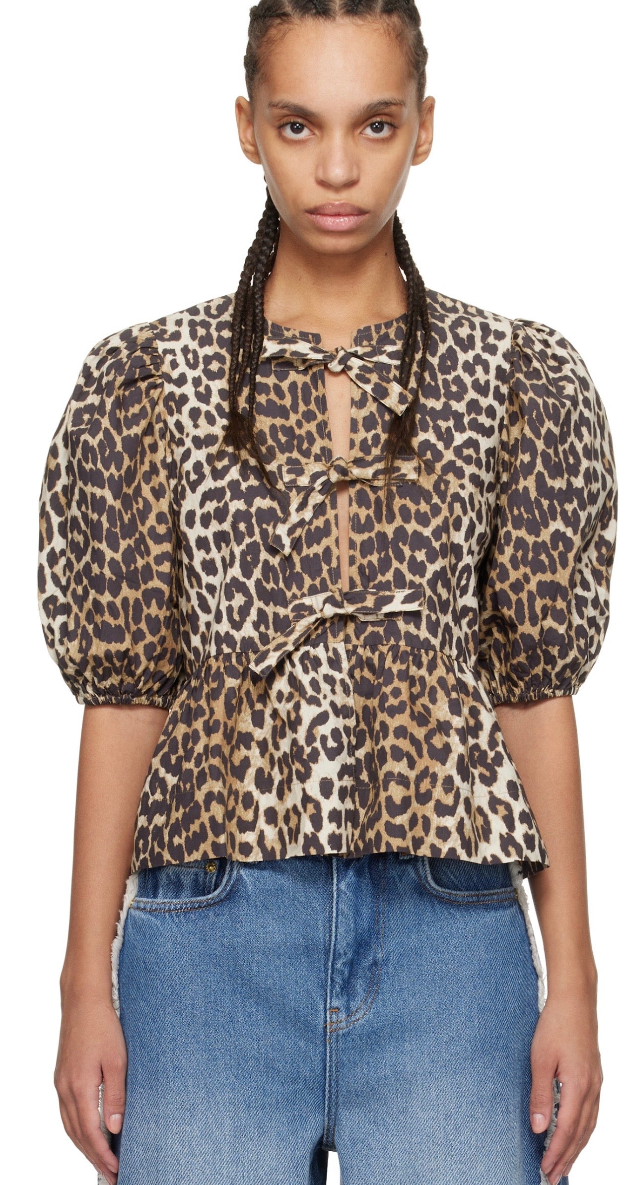GANNI - Leopard Cotton Poplin Peplum Tie Blouse