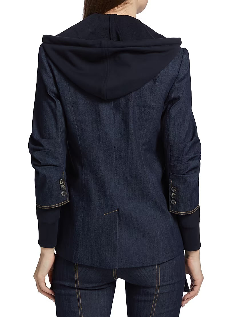 Alice and Olivia Jeans Navy Double Breasted Denim Blazer with Hooded Insert and Gold Buttons