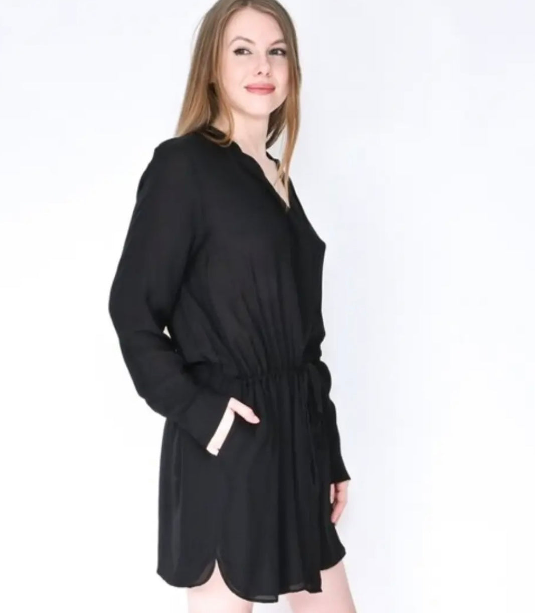 Nili Lotan - Black Silk Dress Long Sleeved Cinch Waist Short Lightweight