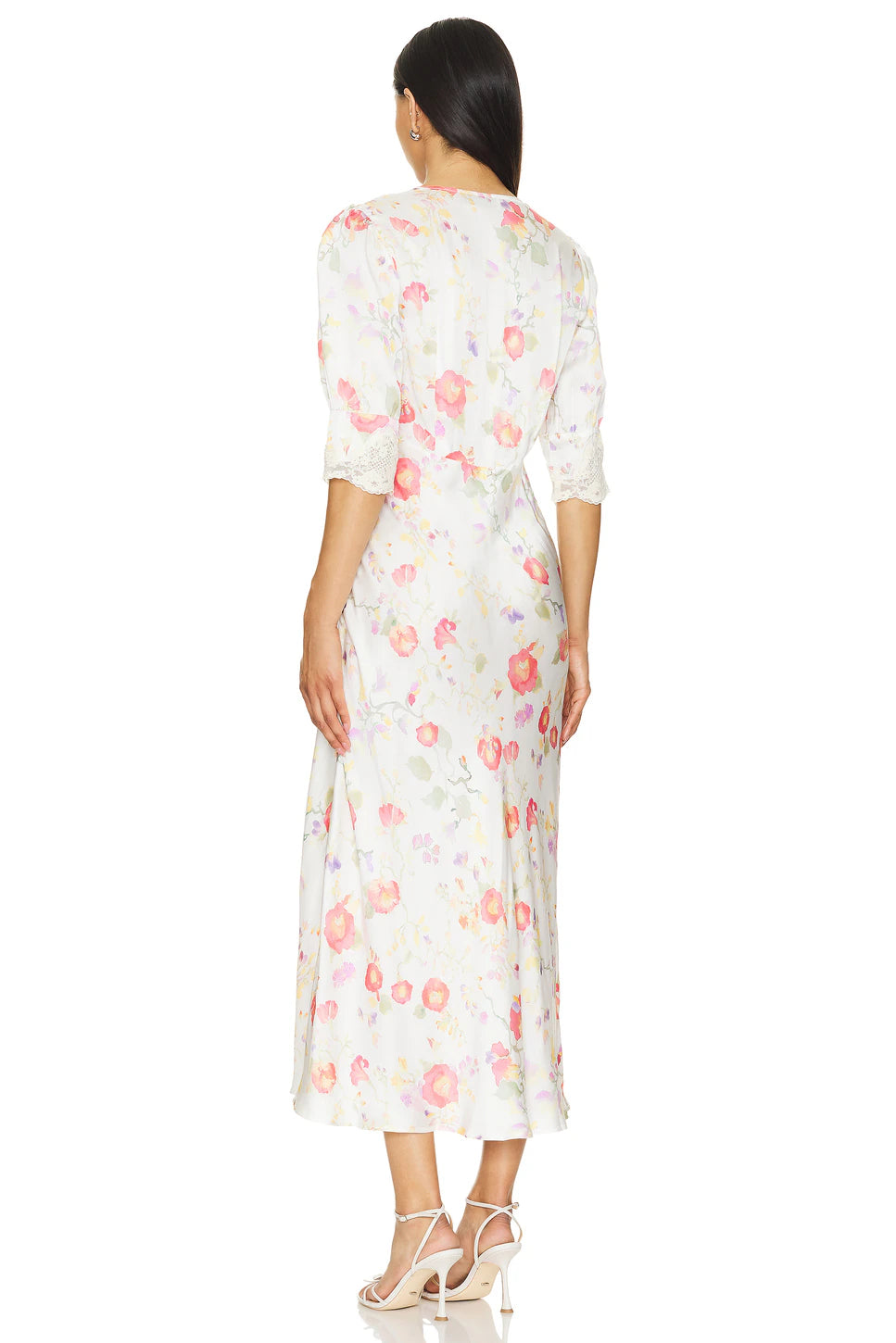 RIXO silk & lace white dress with floral print